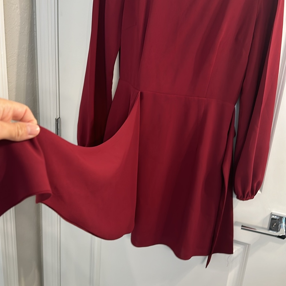 Lulu’s wine red skater dress with front tie wrap and long sleeves mid thigh - Picture 14 of 14